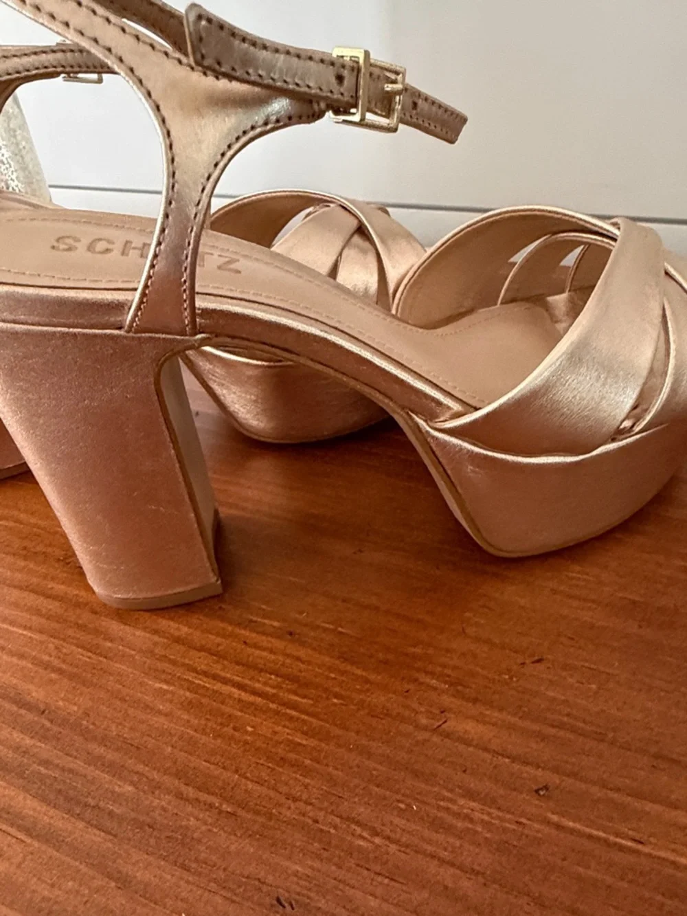Shultz Keefa Metallic Gold Platform Sandals with Ankle Strap - Picture 7 of 8